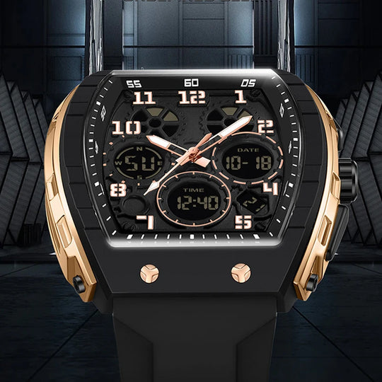 Men Sports Digital Wrist Watches For Male Clock Dual Display Man Tonneau Watches Chronograph Luminous Silicone Band Dropship - IFINDALL
