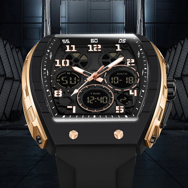 Men Sports Digital Wrist Watches For Male Clock Dual Display Man Tonneau Watches Chronograph Luminous Silicone Band Dropship - IFINDALL