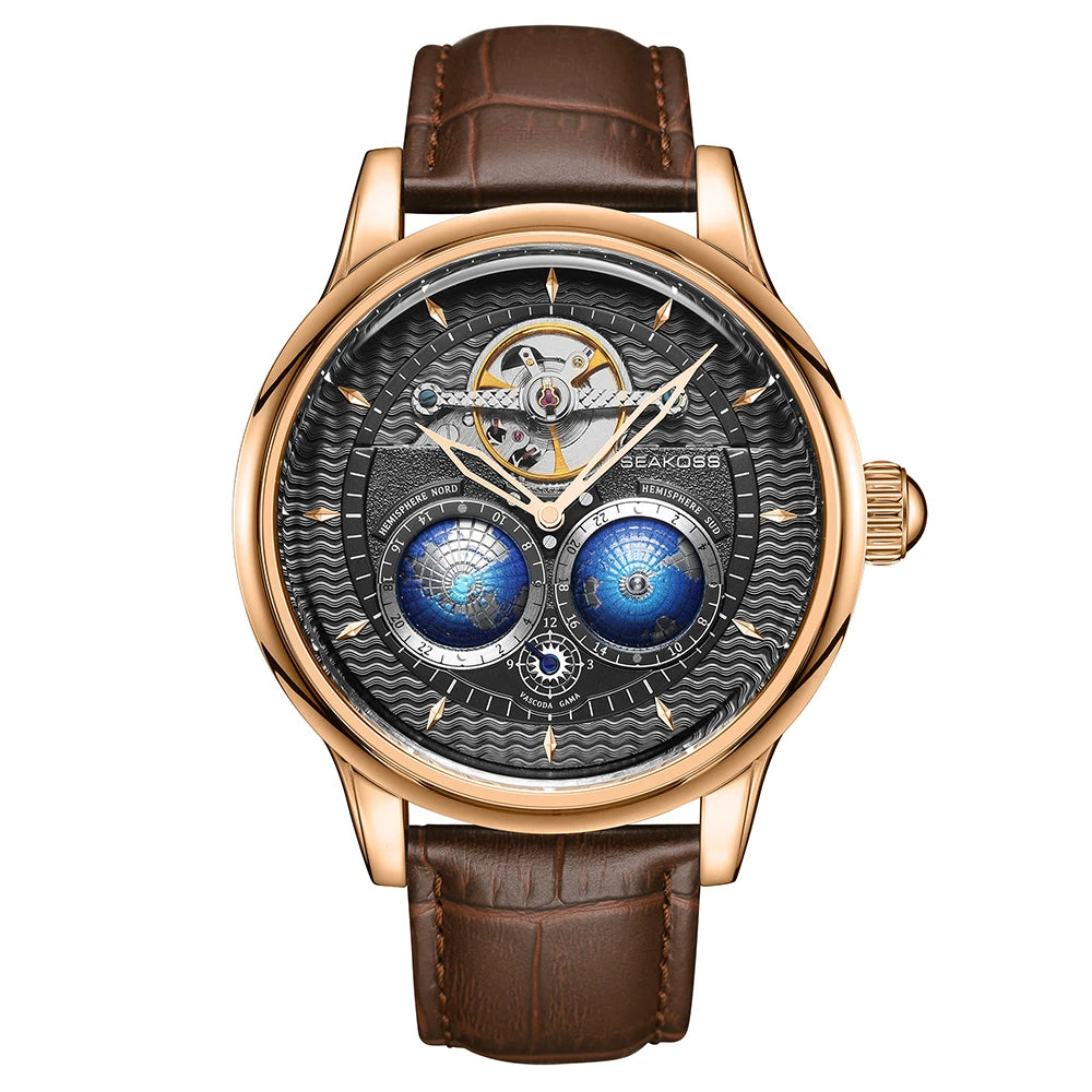 SEAKOSS Male Dual Earth Rotating Mechanical Men's Watch Automatic Movement Waterproof Clock Pilots 1963 Flywheel Wristwatches - IFINDALL