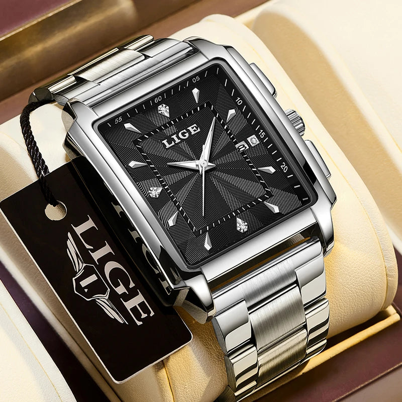 LIGE Fashion Business Watch Men Square Sport Waterproof Watches For Men Top Brand Luxury Military Quartz Chronograph Wristwatch - IFINDALL