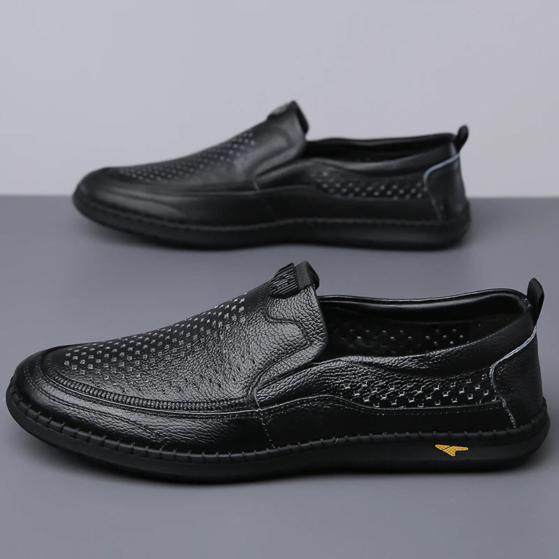 Men Casual Summer Footwear Breathable Mens Leisure Walk Loafers Genuine Leather Moccasins Hollow Out Slip on Male Driving Shoes - IFINDALL