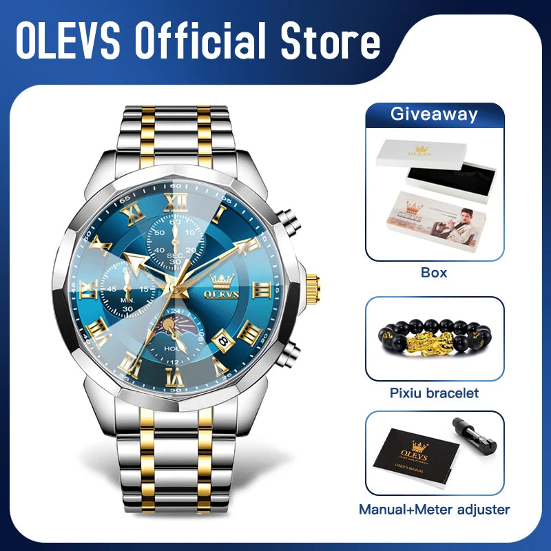 OLEVS 3675 Mens Watch Original Multifunctional Chronograph Quartz Watch Moon Phase Watches For Men Waterproof Mens Gifts Reloj - IFINDALL