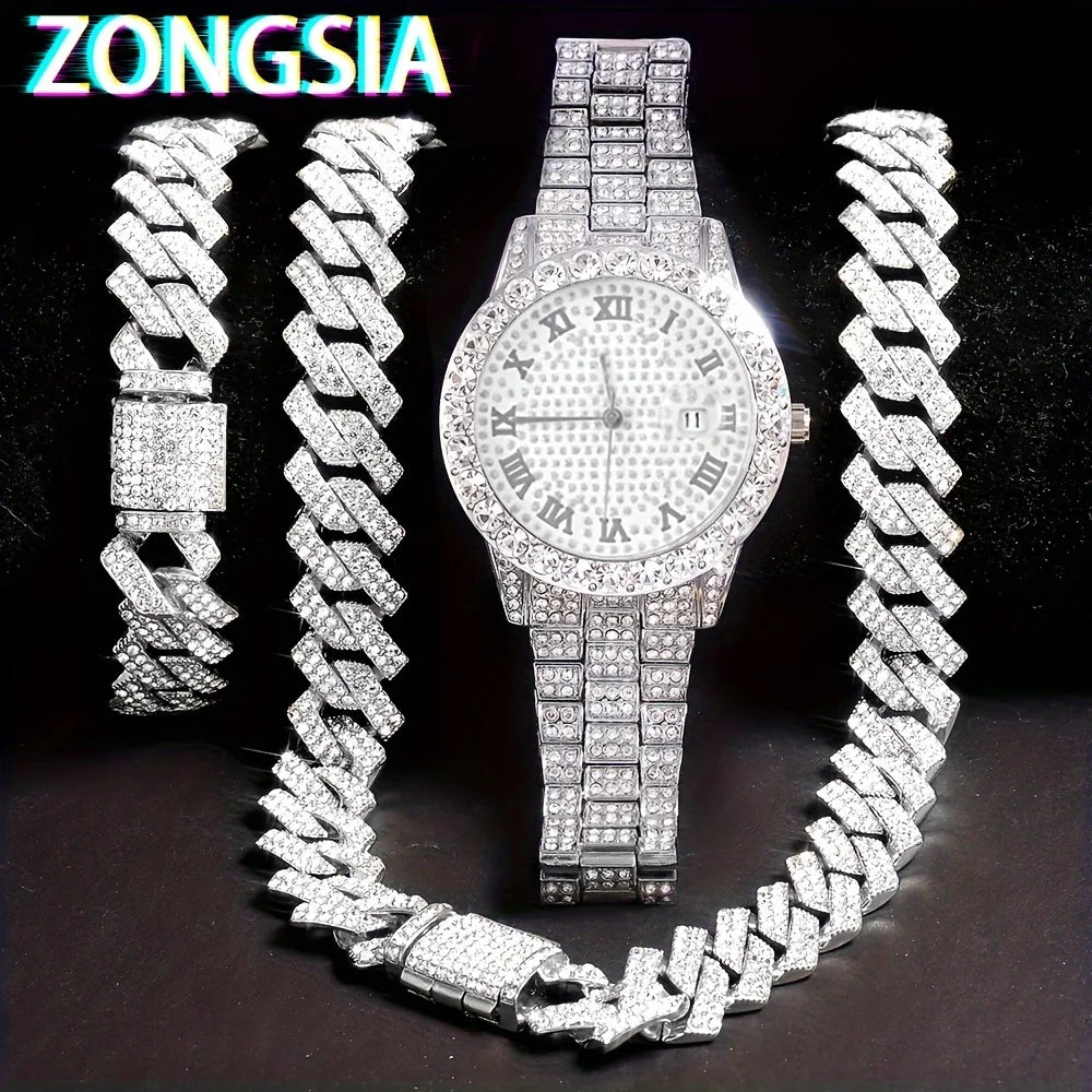 Stunning rhinestone-encrusted watch set with matching chain necklace - Round dial Quartz movement - IFINDALL