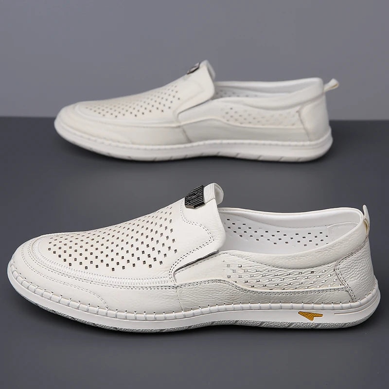 Men Casual Summer Footwear Breathable Mens Leisure Walk Loafers Genuine Leather Moccasins Hollow Out Slip on Male Driving Shoes - IFINDALL