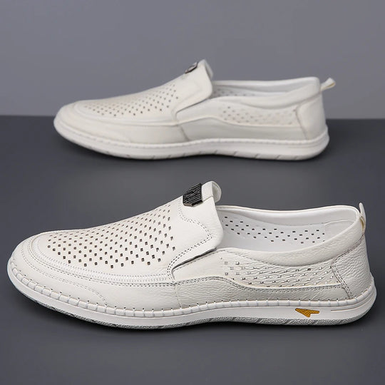 Men Casual Summer Footwear Breathable Mens Leisure Walk Loafers Genuine Leather Moccasins Hollow Out Slip on Male Driving Shoes - IFINDALL