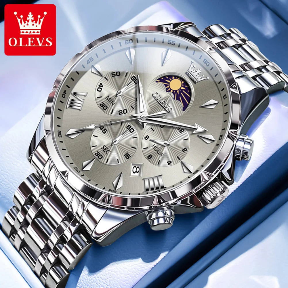 OLEVS 3653 Men Watch Luxury Brand Quartz Watch Multi functional Automatic Date Timer Watch Waterproof Luminous Moonphase Watch - IFINDALL