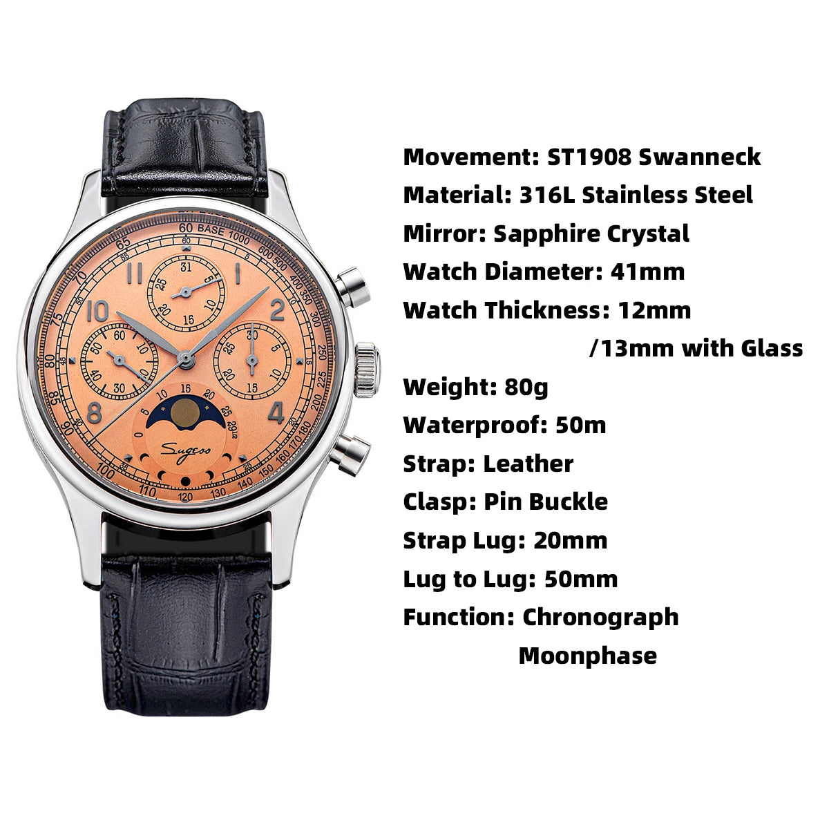 Sugess Watch of Men Chronograph Tianjin ST1908 Swanneck Movement Moonphase Business Mechanical Wristwatches Sapphire 2023 New - IFINDALL