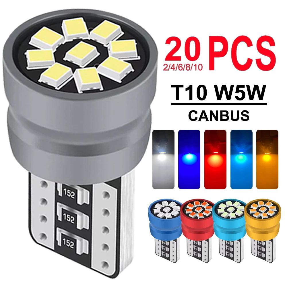 2/4/10/20 PCS CANBUS T10 W5W LED Bulb 12V 2016-9SMD 6500K Bright White Yellow Red Blue Car Interior Dome Door Maps Trunk Lights - IFINDALL