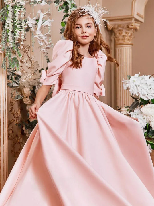 Flower Girl Dress Satin Pink A-Line Half Sleeves Floor Length Child Birthday Party Dress First Communion Ball Gown - IFINDALL