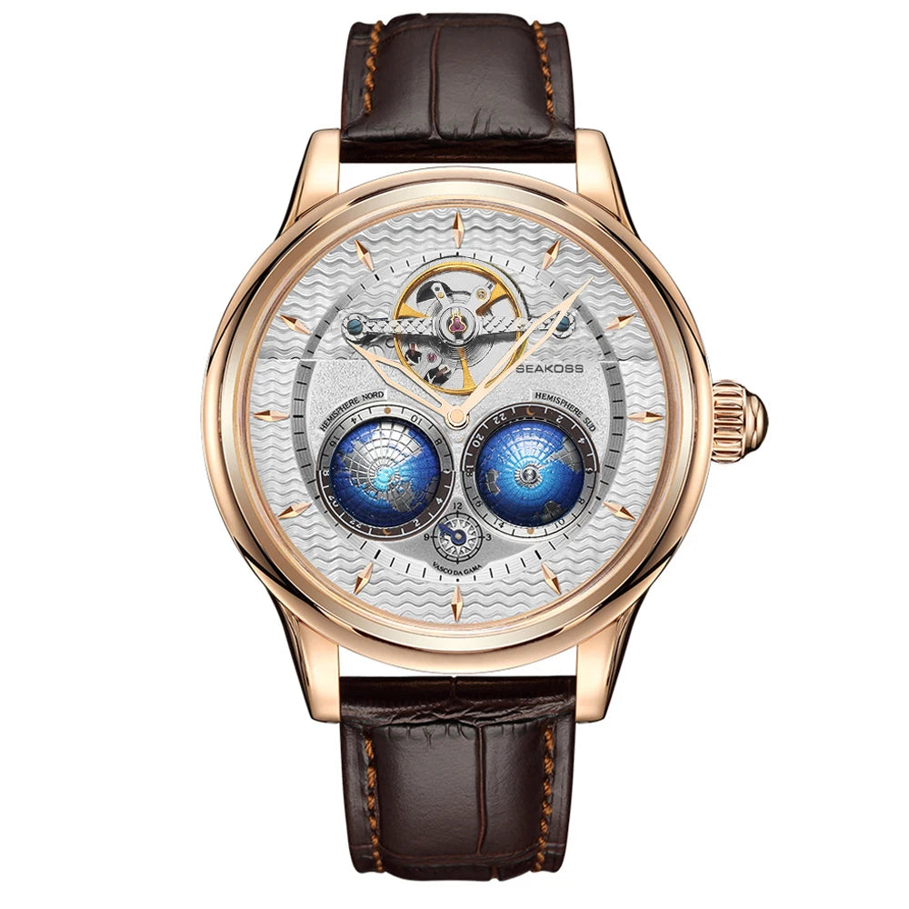 SEAKOSS Male Dual Earth Rotating Mechanical Men's Watch Automatic Movement Waterproof Clock Pilots 1963 Flywheel Wristwatches - IFINDALL