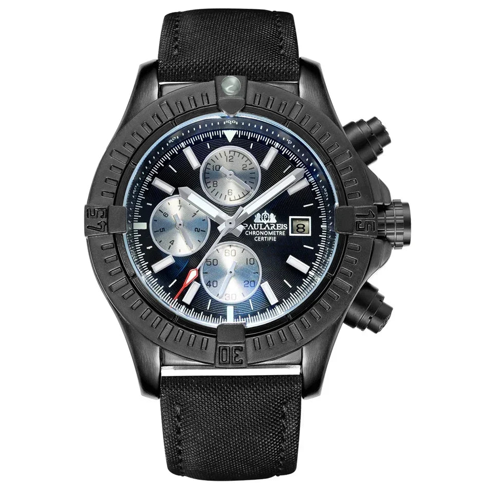 Automatic Mens Watch Self Wind Mechanical Canvas Style Genuine Black Blue Leather Multifunction Date Month Luminous Watches - IFINDALL