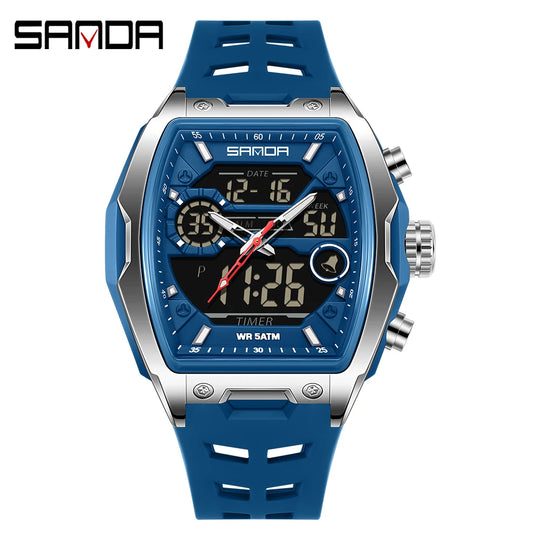 SANDA 6235 Dual Display Electronic Watch Barrel Big Dial Sports LED Analog Digital Chronograph Military Wristwatch 2025 - IFINDALL