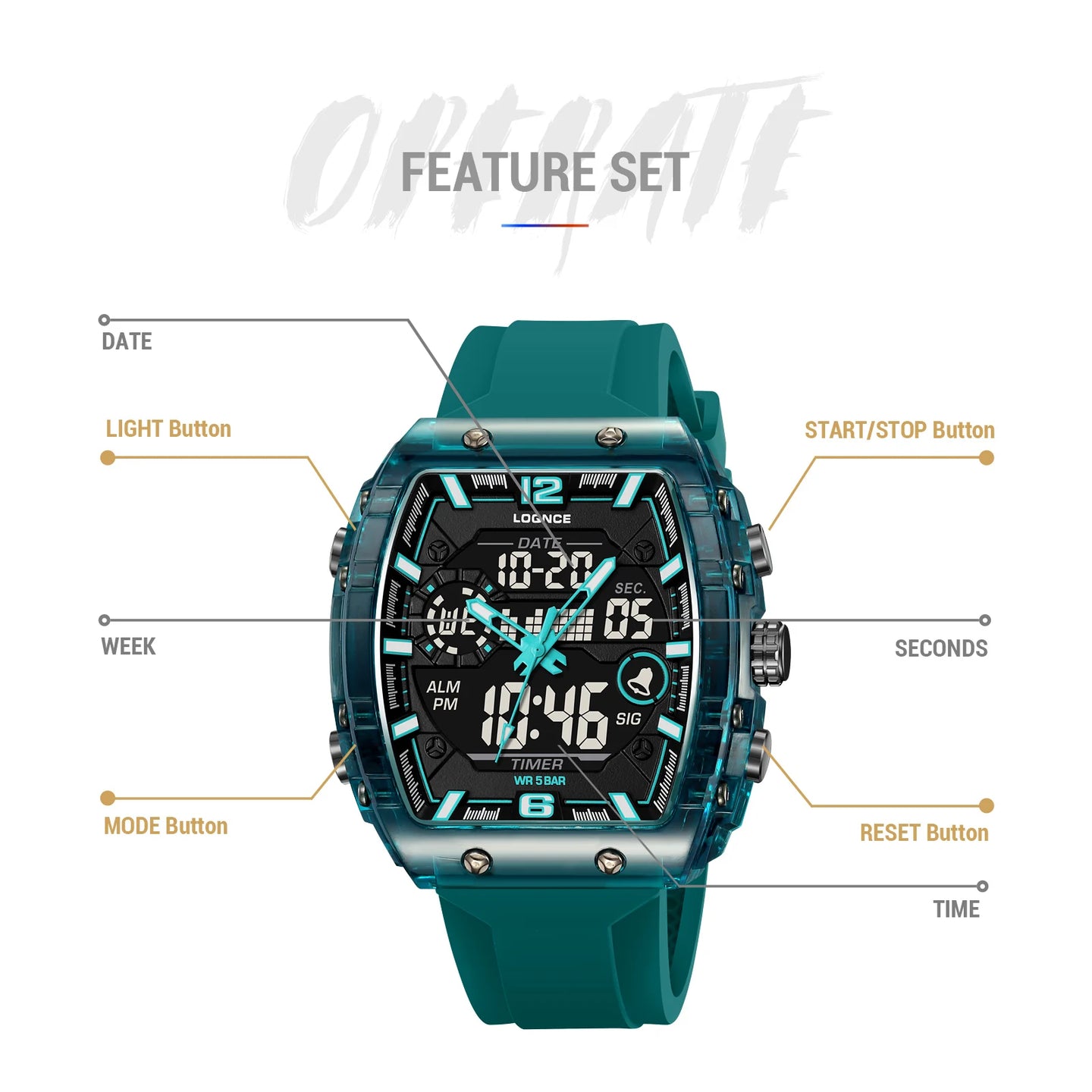 New LOQNCE  98003 Male montre homme Hour Sport Watches Digital Double Time Chronograph Watch Mens LED Week Display Wristwatches - IFINDALL