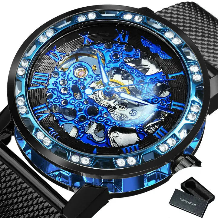 WINNER Roman Mechanical Watches for Men Fashion Gold Skeleton Mens Watch Luxury Mesh Stainless Steel Strap Luminous Unisex Clock - IFINDALL