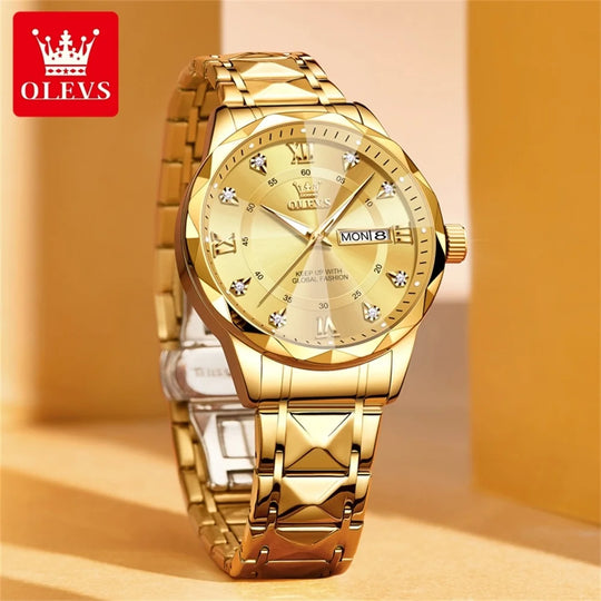 OLEVS Original Fashionable Men's Quartz Watch Top Luxury Brand Waterproof Stainless Steel Diamond Date Week Men's Business Watch - IFINDALL