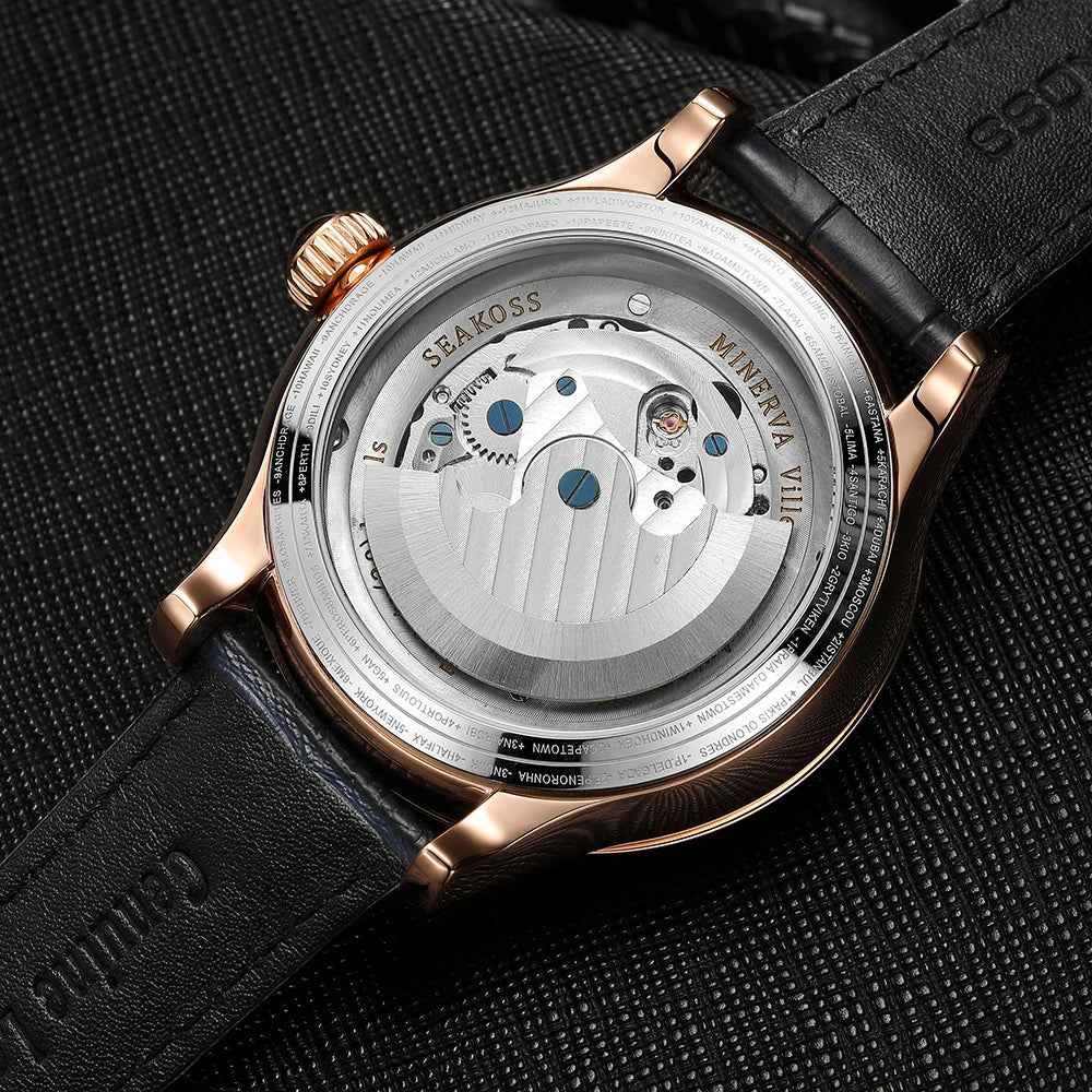 SEAKOSS Male Dual Earth Rotating Mechanical Men's Watch Automatic Movement Waterproof Clock Pilots 1963 Flywheel Wristwatches - IFINDALL