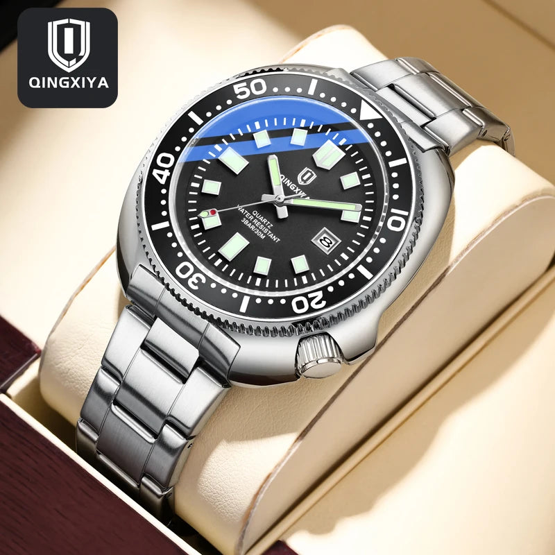 QINGXIYA Brand New Fashion Design Date Quartz Watch for Men Stainless Steel Waterproof Luminous Mens Watches Relogio Masculino - IFINDALL