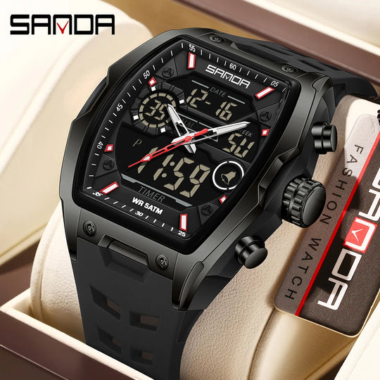 SANDA 6235 Dual Display Electronic Watch Barrel Big Dial Sports LED Analog Digital Chronograph Military Wristwatch 2025 - IFINDALL