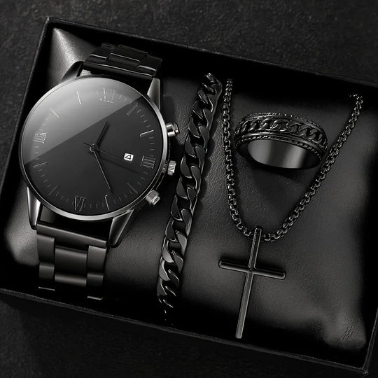 4pcs/set, Men's Simple Pointer Round Black Calendar Quartz Watch and Black Cross Pendant Necklace, Ring, Bracelet, Gift for Him - IFINDALL