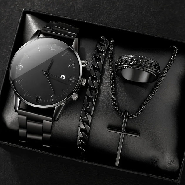 4pcs/set, Men's Simple Pointer Round Black Calendar Quartz Watch and Black Cross Pendant Necklace, Ring, Bracelet, Gift for Him - IFINDALL