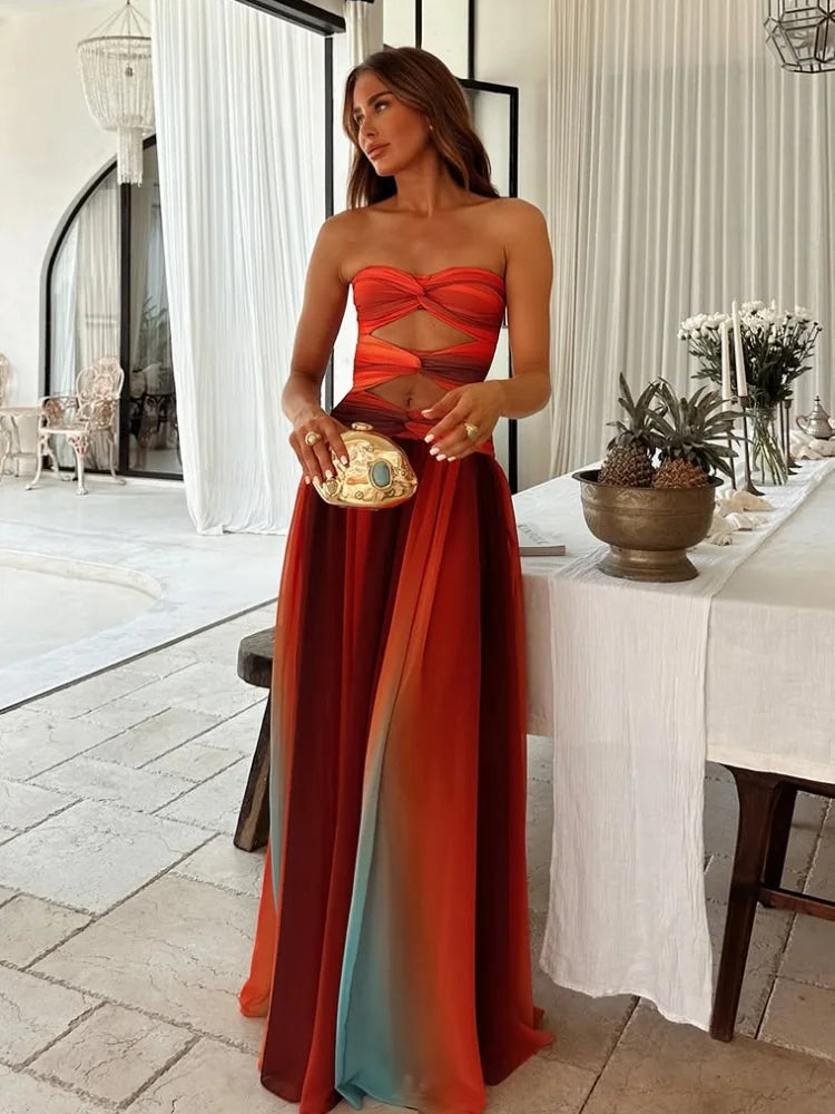 2025 Women Tie-dye Gradient Slim Fit Off Waist Long Dress Sexy Contrast Hollow Out Pleated Hem Robe Chic Lady Party Holiday Wear - IFINDALL