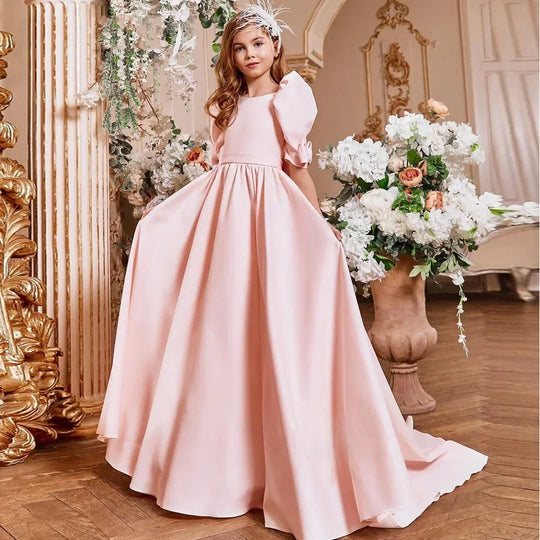 Flower Girl Dress Satin Pink A-Line Half Sleeves Floor Length Child Birthday Party Dress First Communion Ball Gown - IFINDALL