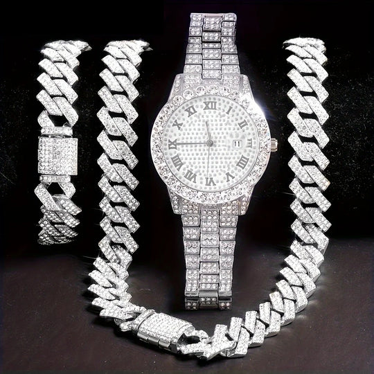 Stunning rhinestone-encrusted watch set with matching chain necklace - Round dial Quartz movement - IFINDALL