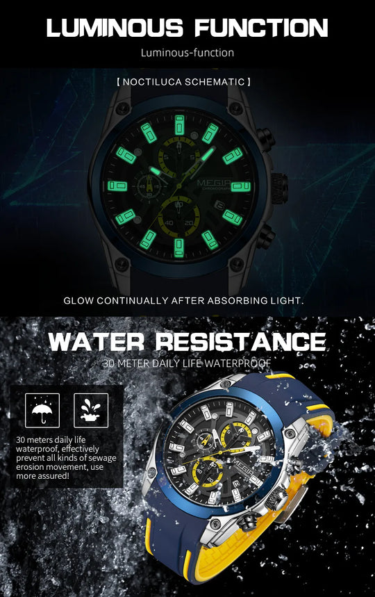 MEGIR Men's Watches Top Brand Luxury Sport Military Wristwatch Chronograph Luminous Date Quartz Watch Silicone Strap Male Clock - IFINDALL