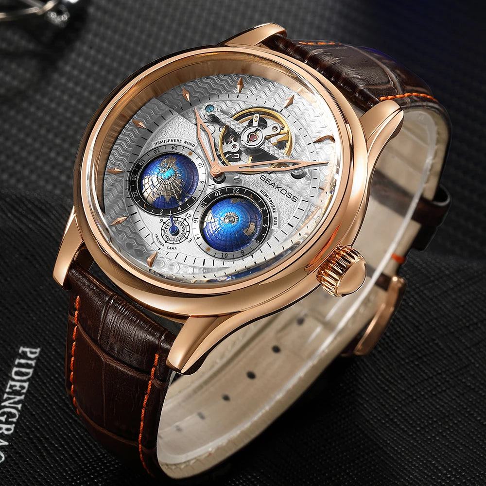 SEAKOSS Male Dual Earth Rotating Mechanical Men's Watch Automatic Movement Waterproof Clock Pilots 1963 Flywheel Wristwatches - IFINDALL