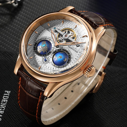 SEAKOSS Male Dual Earth Rotating Mechanical Men's Watch Automatic Movement Waterproof Clock Pilots 1963 Flywheel Wristwatches - IFINDALL