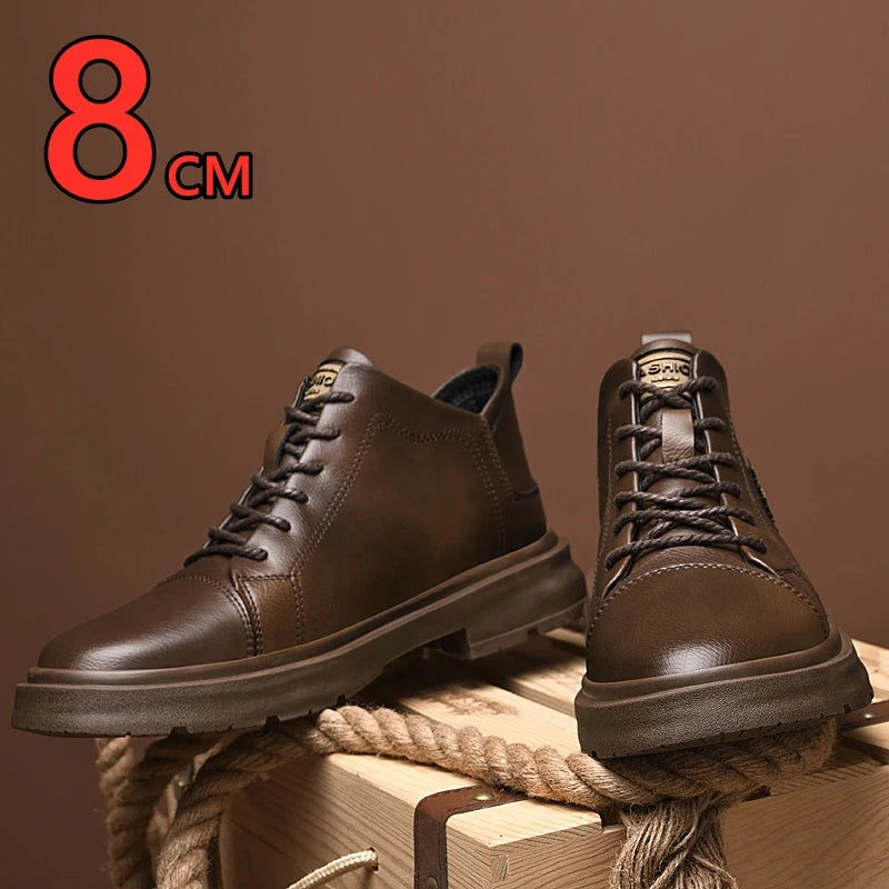 Man Genuine Leather Lift Shoes Comfort Lace Up Casual Elevator Shoes Commerce Breathable Height Increase Insole 8CM Men Sneakers - IFINDALL