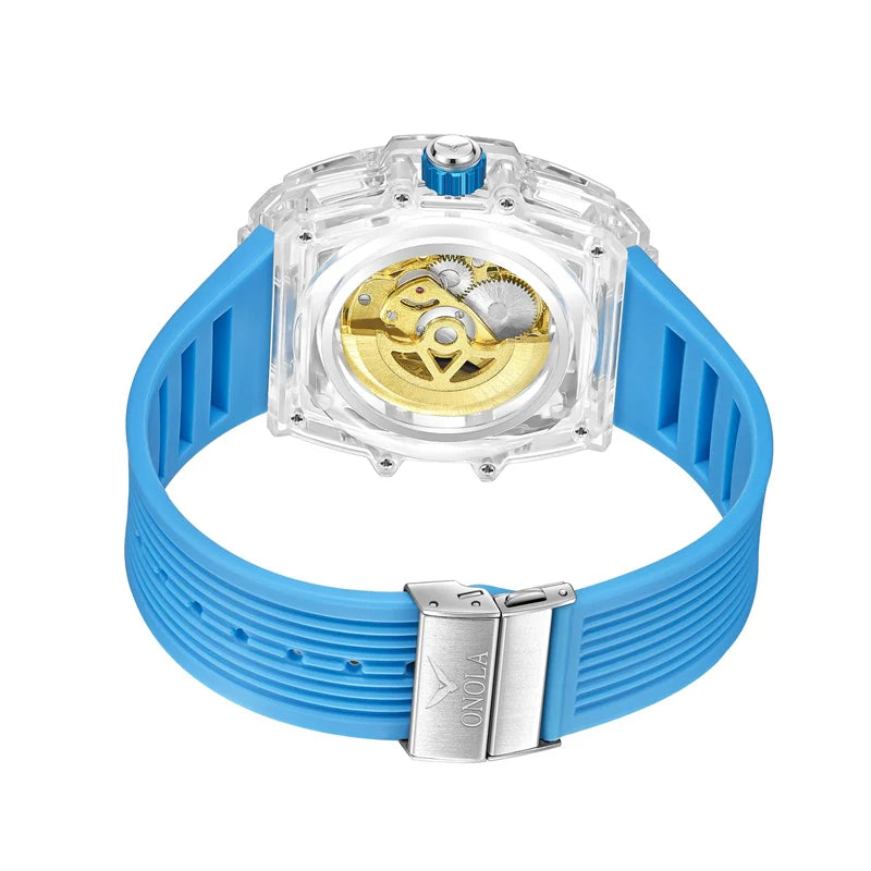 Luxury men's watch onola plastic transparent hollow full automatic mechanical watches men waterproof clock - IFINDALL