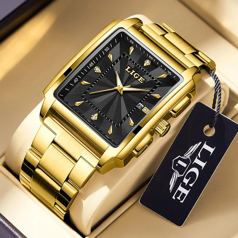 LIGE Fashion Business Watch Men Square Sport Waterproof Watches For Men Top Brand Luxury Military Quartz Chronograph Wristwatch - IFINDALL