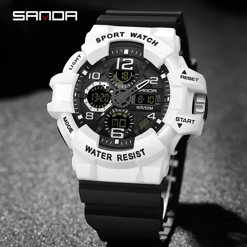 SANDA 3168 White Sport Watch  LED Digital 50M Waterproof Watch Men Multifunction Clock Relogio Masculino Men Military Watches - IFINDALL