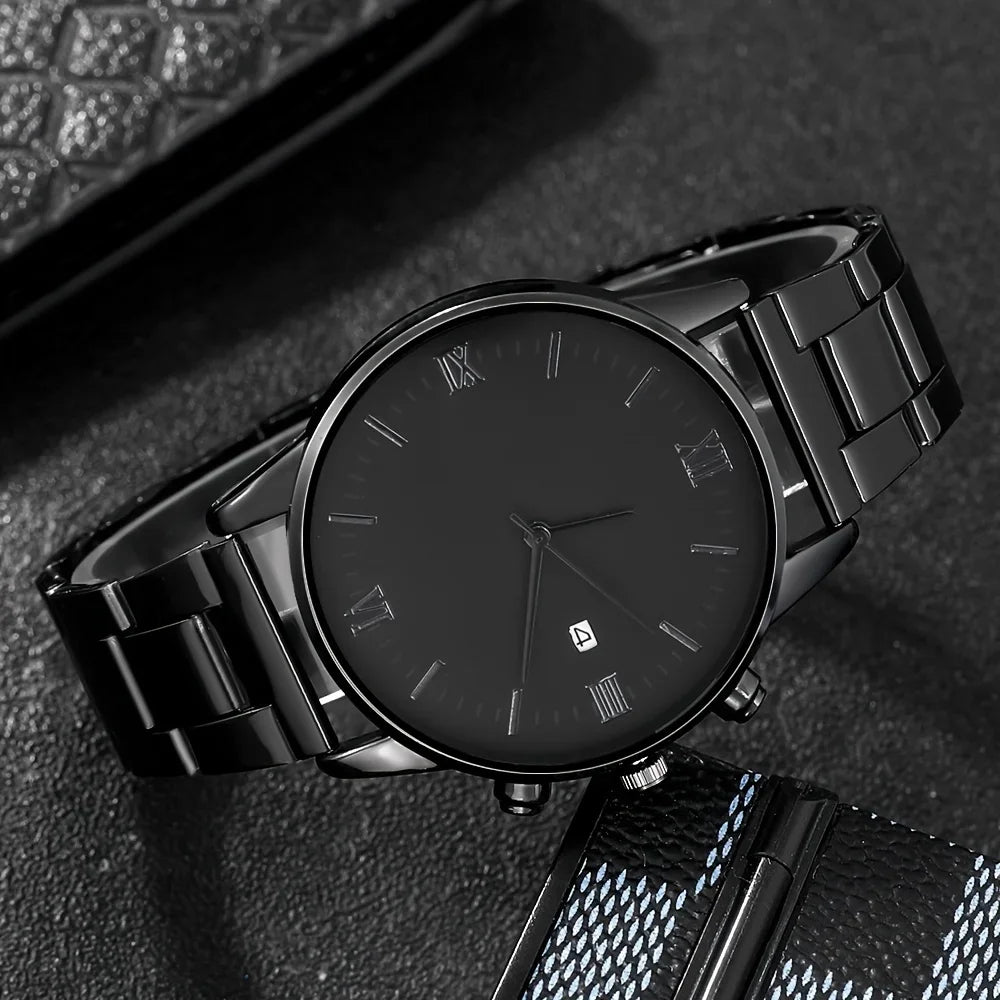 4pcs/set, Men's Simple Pointer Round Black Calendar Quartz Watch and Black Cross Pendant Necklace, Ring, Bracelet, Gift for Him - IFINDALL