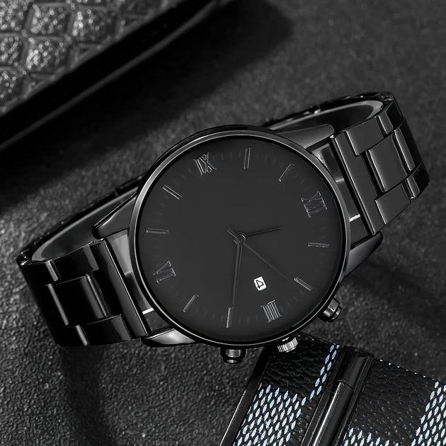 4pcs/set, Men's Simple Pointer Round Black Calendar Quartz Watch and Black Cross Pendant Necklace, Ring, Bracelet, Gift for Him - IFINDALL