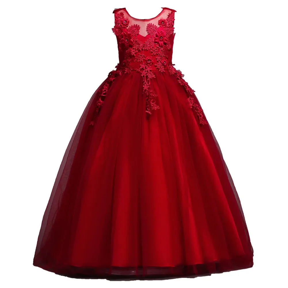 Beautiful Long Flower Girl Dress For Girls Elegant Burgundy Pink Green White Kids Wedding Party Gowns Long Communion Dresses - IFINDALL