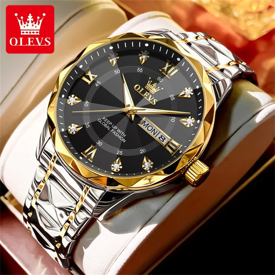 OLEVS Original Fashionable Men's Quartz Watch Top Luxury Brand Waterproof Stainless Steel Diamond Date Week Men's Business Watch - IFINDALL