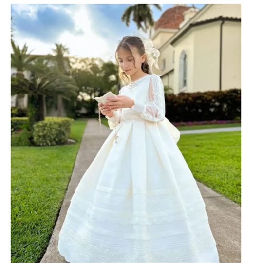 Elegant White Customize Holy First Communion Dresses Long Sleeves Princess Flower Girl Dress Lace Bow Child Wedding Party Dress - IFINDALL