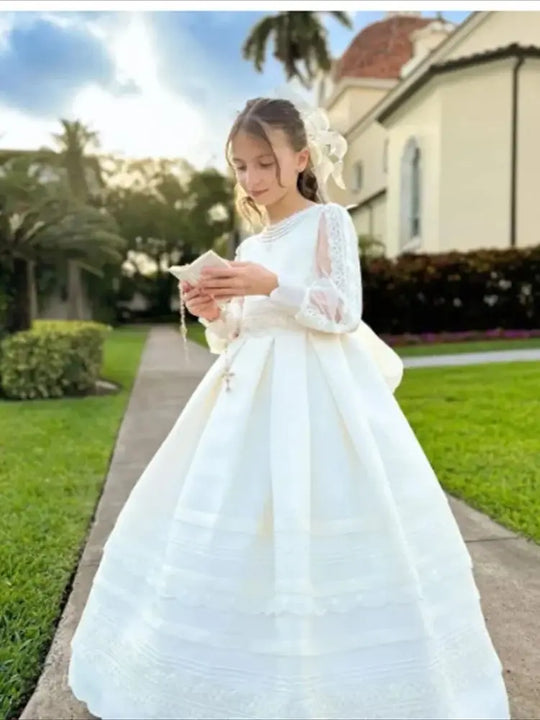Elegant White Customize Holy First Communion Dresses Long Sleeves Princess Flower Girl Dress Lace Bow Child Wedding Party Dress - IFINDALL