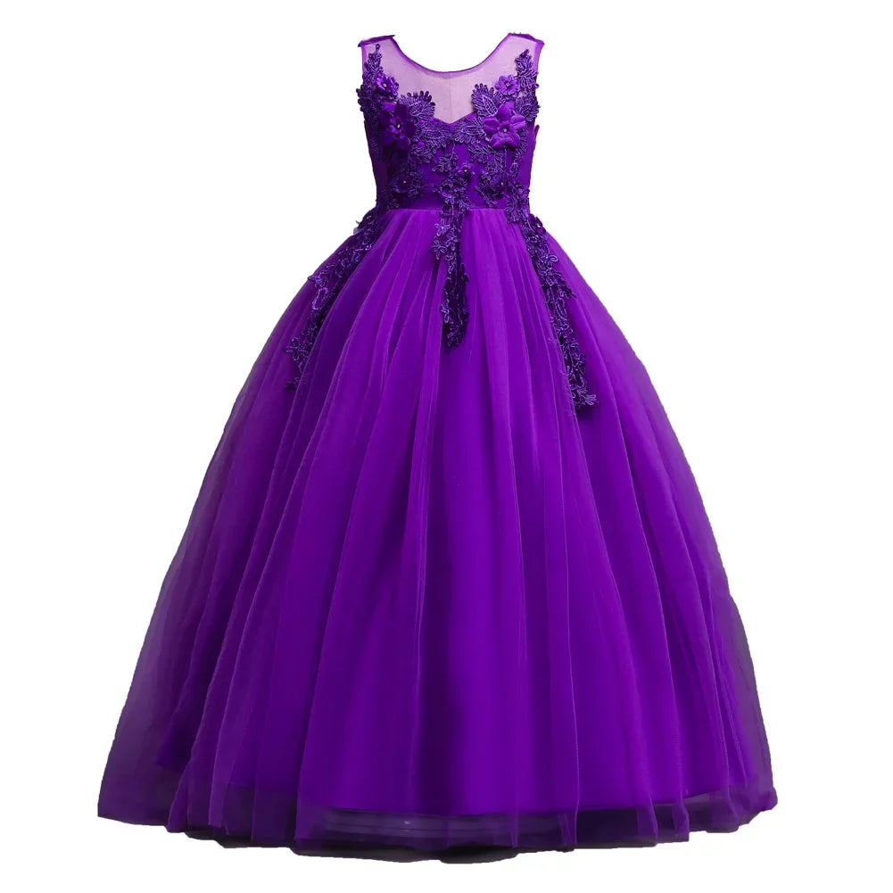 Beautiful Long Flower Girl Dress For Girls Elegant Burgundy Pink Green White Kids Wedding Party Gowns Long Communion Dresses - IFINDALL