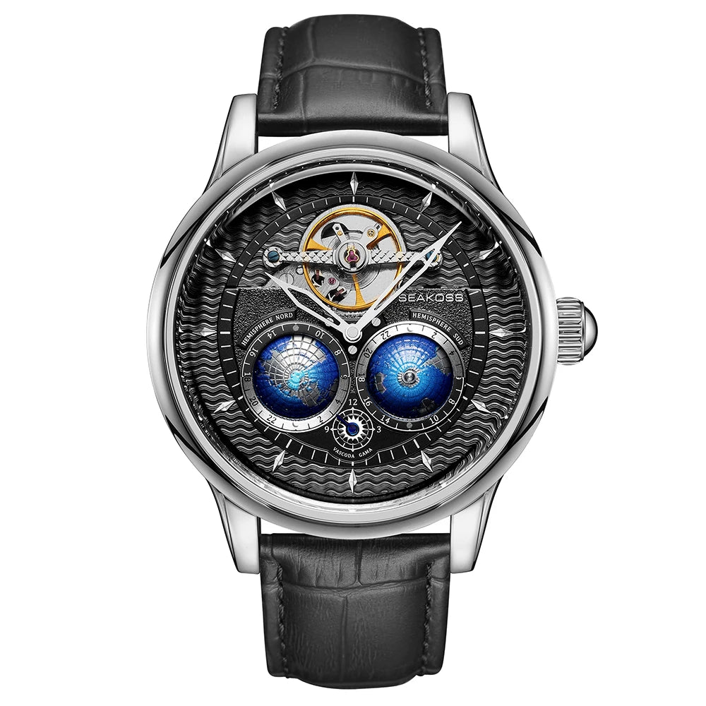 SEAKOSS Male Dual Earth Rotating Mechanical Men's Watch Automatic Movement Waterproof Clock Pilots 1963 Flywheel Wristwatches - IFINDALL