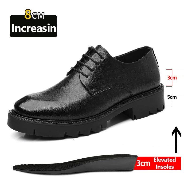 New Luxury Men's Brogues Leather Elevator Shoes Man Height Increase Insole 8cm/10cm Black Formal Business Wedding Work Men Shoes - IFINDALL