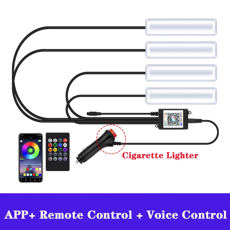 LED Car Interior Ambient Foot Strip Light Kit Accessories Backlight Remote App Music Control Auto RGB Decorative Lamp - IFINDALL