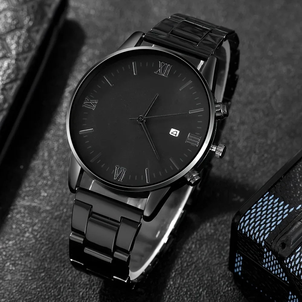 4pcs/set, Men's Simple Pointer Round Black Calendar Quartz Watch and Black Cross Pendant Necklace, Ring, Bracelet, Gift for Him - IFINDALL