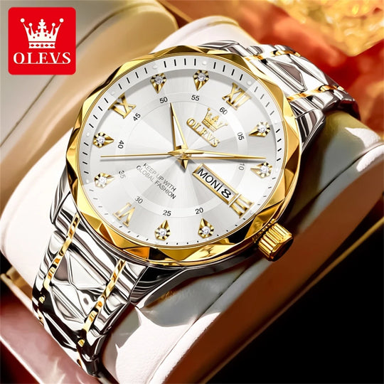 OLEVS Original Fashionable Men's Quartz Watch Top Luxury Brand Waterproof Stainless Steel Diamond Date Week Men's Business Watch - IFINDALL