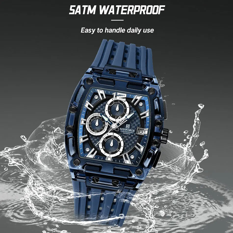 NAVIFORCE Men's Watch Quartz Chronograph Fashion Clock Waterproof Silicone Tape Watches for Man Date Display Sports Wristwatches - IFINDALL