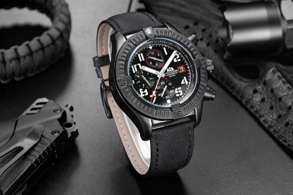Automatic Mens Watch Self Wind Mechanical Canvas Style Genuine Black Blue Leather Multifunction Date Month Luminous Watches - IFINDALL