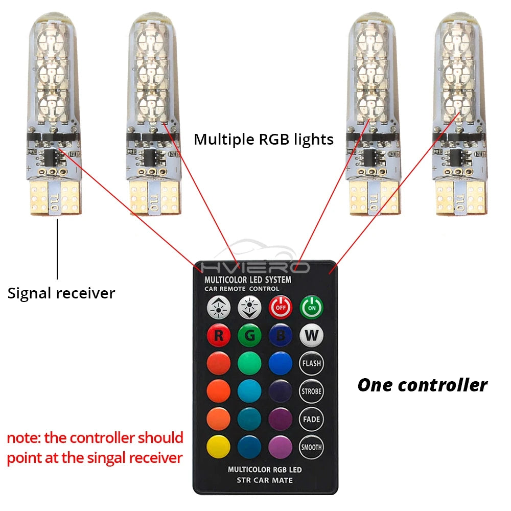 2PCS T10 5050 6SMD DC 12V Waterproof W5W Remote Controller RGB 194 168 Dome Light Silicone Wedge Side Car Signal Atmosphere Bulb - IFINDALL