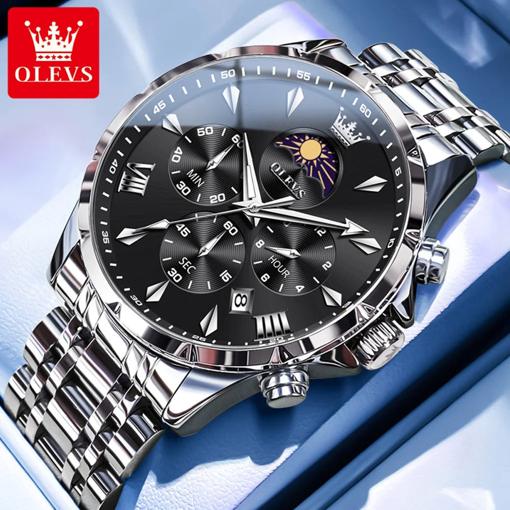 OLEVS 3653 Men Watch Luxury Brand Quartz Watch Multi functional Automatic Date Timer Watch Waterproof Luminous Moonphase Watch - IFINDALL